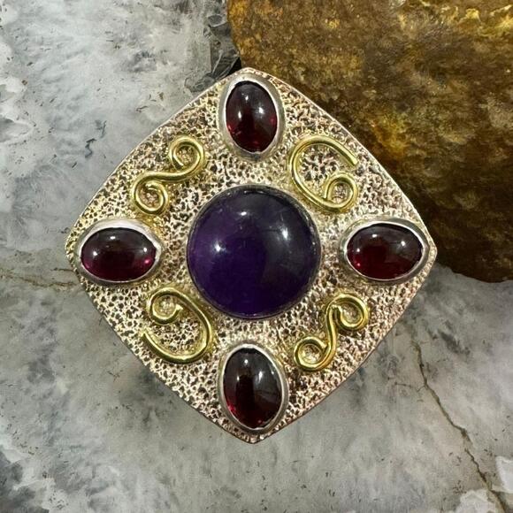 Carolyn Pollack Sterling & Brass Amethyst & 4 Garnet Decorated Ring For Women - Picture 1 of 10